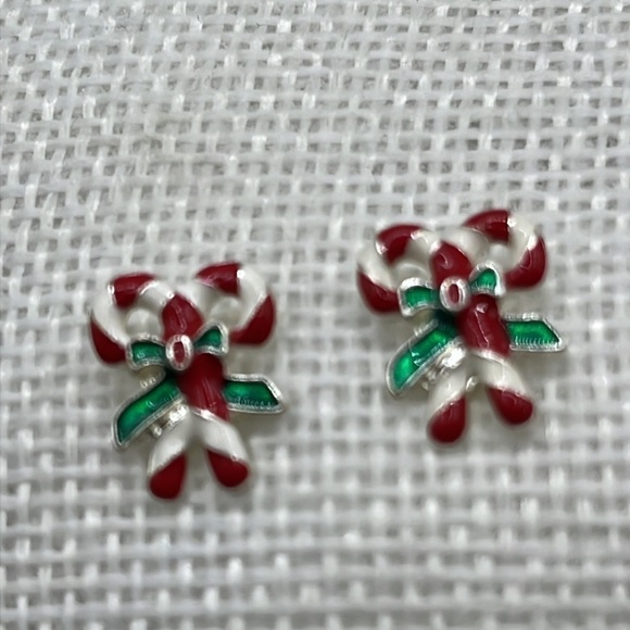 Candy Cane Christmas Earrings Delicate Dainty Red White and Green Bow - Picture 3 of 6